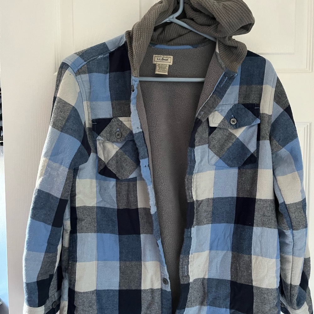 LL Bean Kids' Fleece-Lined Flannel Shirt, Hooded Plaid.  Size med